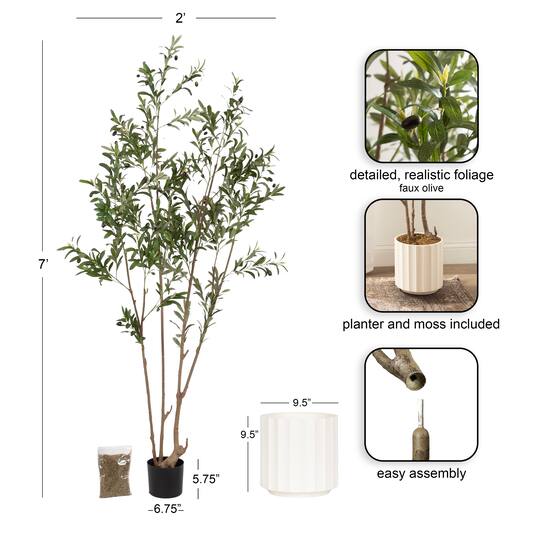 Kate and Laurel 7ft. Green Oliveira Faux Olive Tree in White Planter